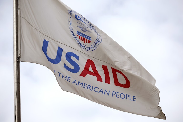 A flag outside of the U.S. Agency for International Development (USAID) headquarters