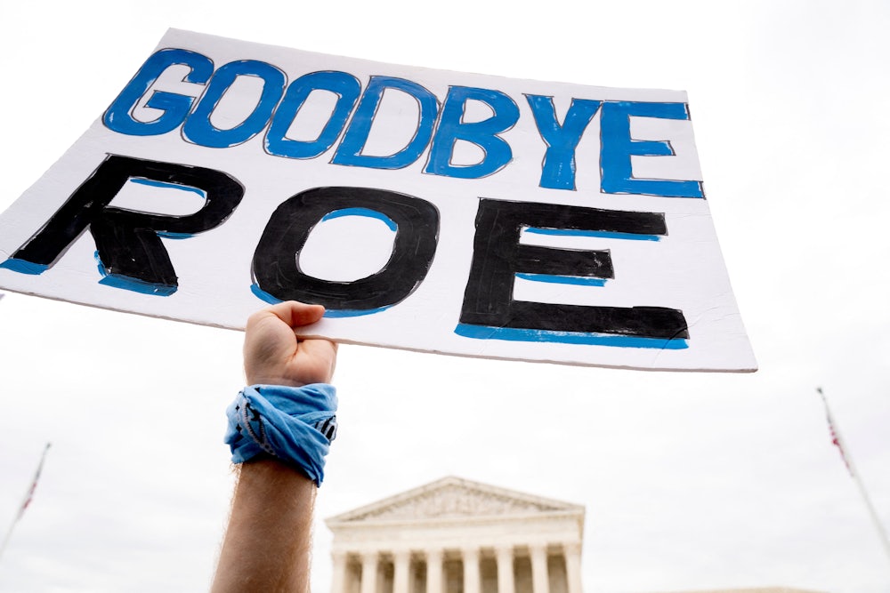 A pro-life protestor holds aloft a sign cheering the possible overturning of the federal right to an abortion.