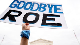 A pro-life protestor holds aloft a sign cheering the possible overturning of the federal right to an abortion.