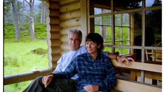 Jeffrey Epstein and Ghislaine Maxwell sit close together on a bench