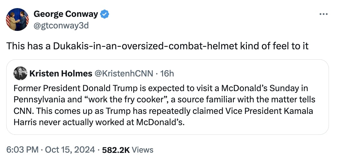 Twitter screenshot George Conway @gtconway3d: This has a Dukakis-in-an-oversized-combat-helmet kind of feel to it