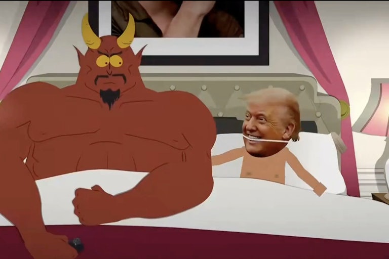 South Park Episode with a very small Donald Trump in bed next to a very large, muscular Satan.