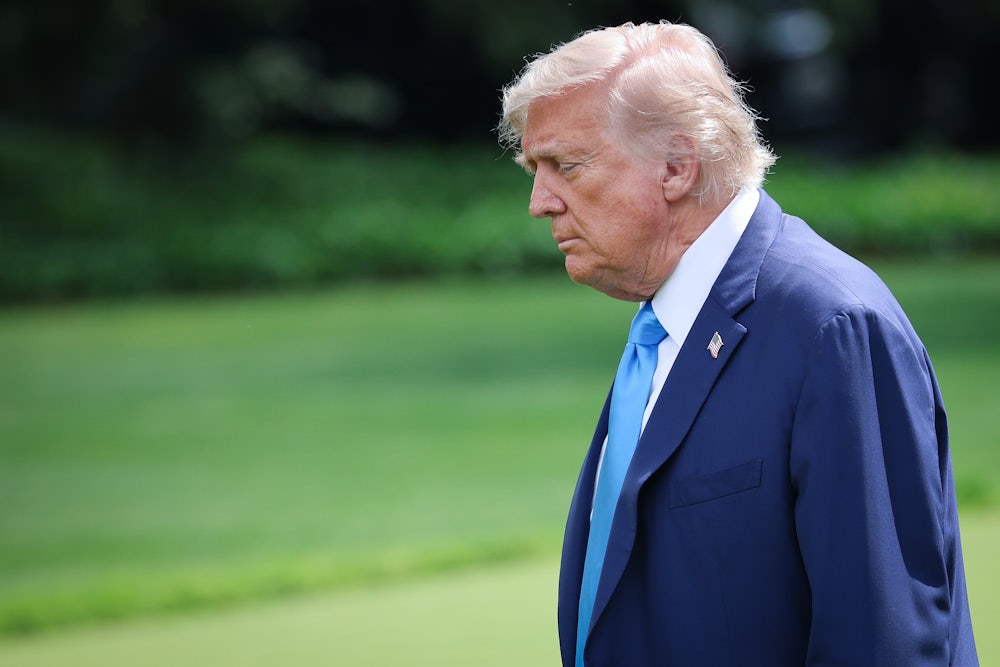 Donald Trump looks down as he walks on the White House lawn.