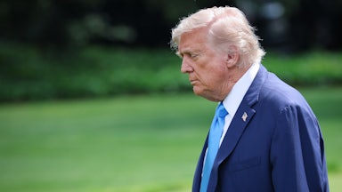 Donald Trump looks down as he walks on the White House lawn.