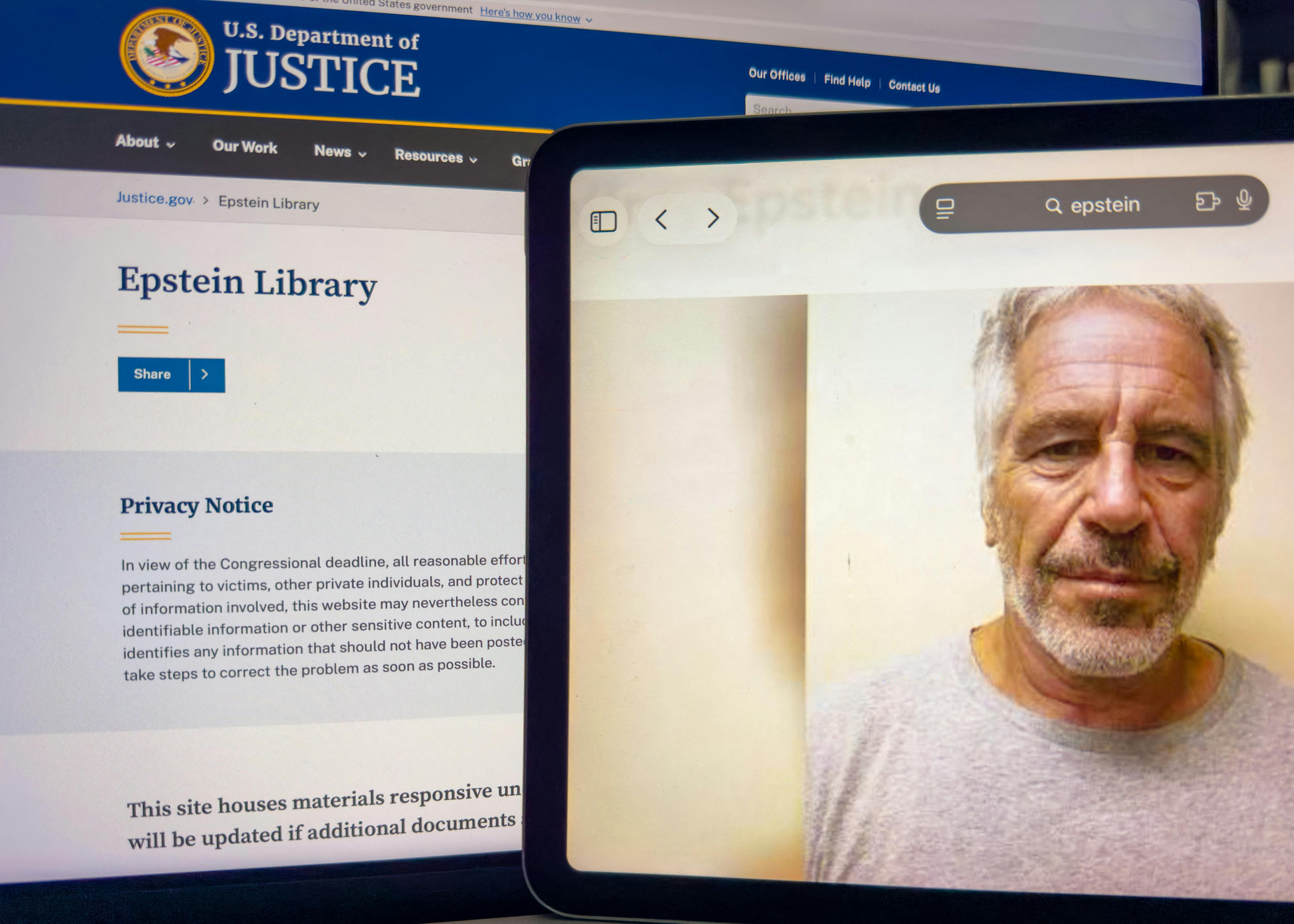 Close up image of a tablet screen displaying a portrait of Jeffrey Epstein beside an official U.S. Department of Justice website page titled "Epstein Library."