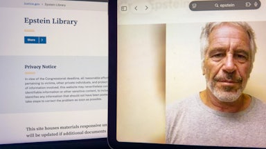 Close up image of a tablet screen displaying a portrait of Jeffrey Epstein beside an official U.S. Department of Justice website page titled "Epstein Library."