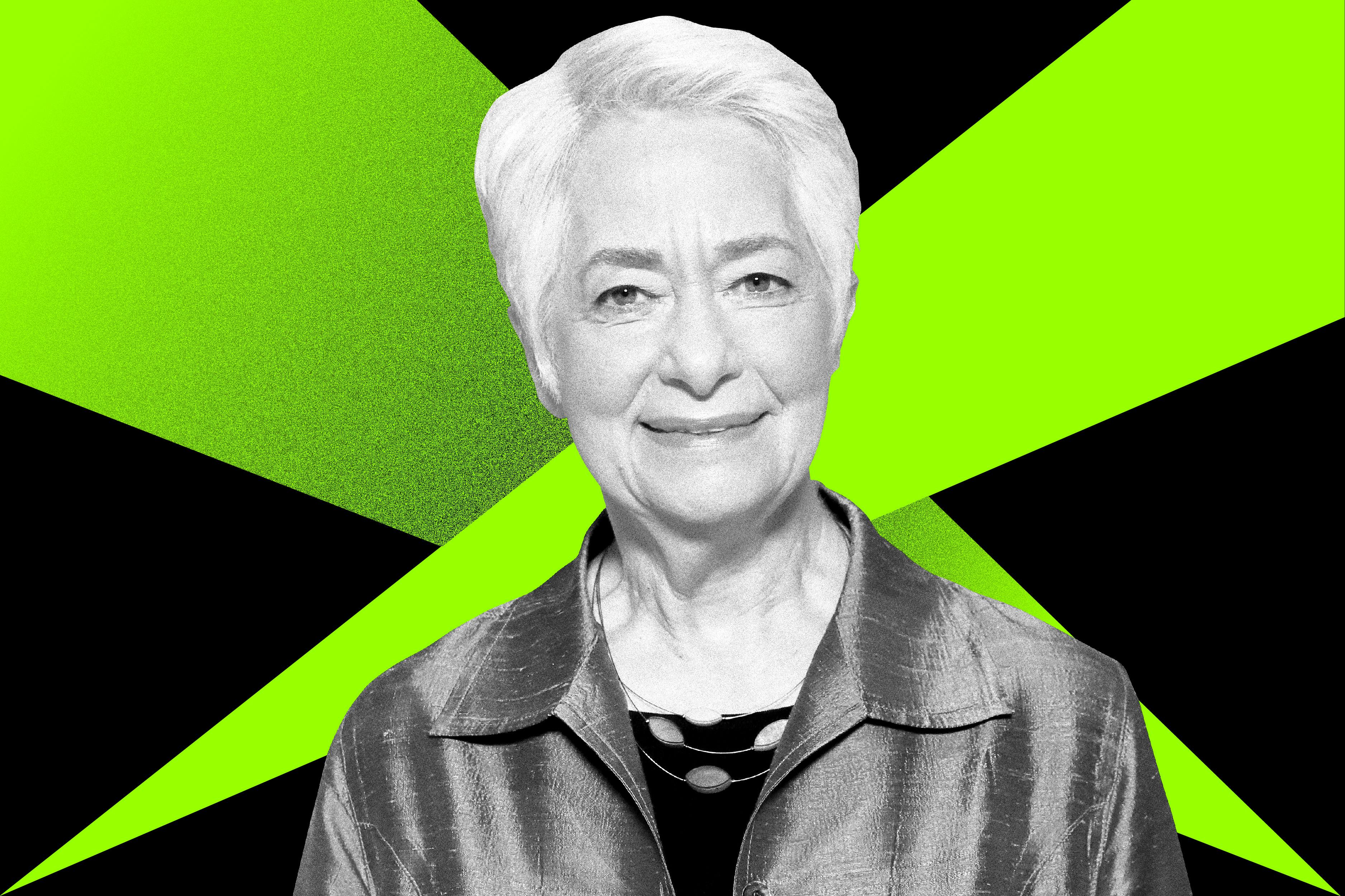 Heather Booth in front of a black and green background