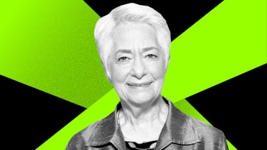 Heather Booth in front of a black and green background