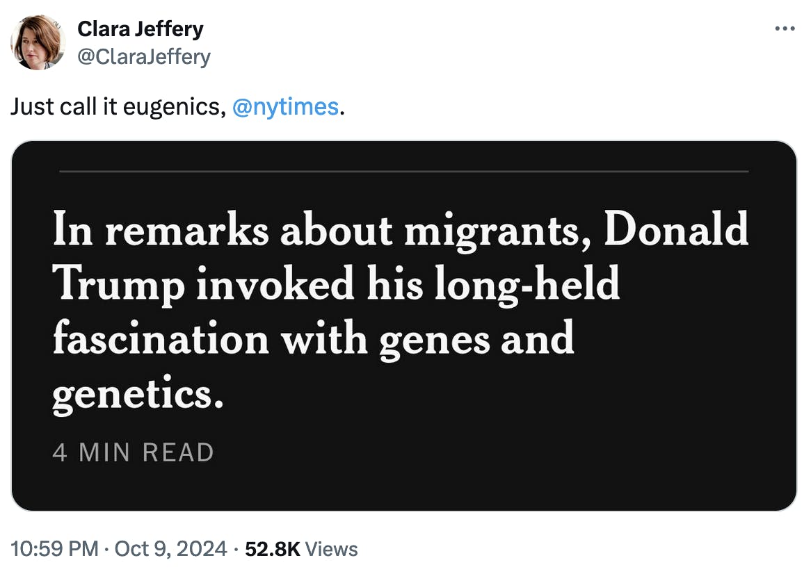 Twitter screenshot Clara Jeffery @ClaraJeffery: Just call it eugenics, @nytimes. Screenshot of NYT article