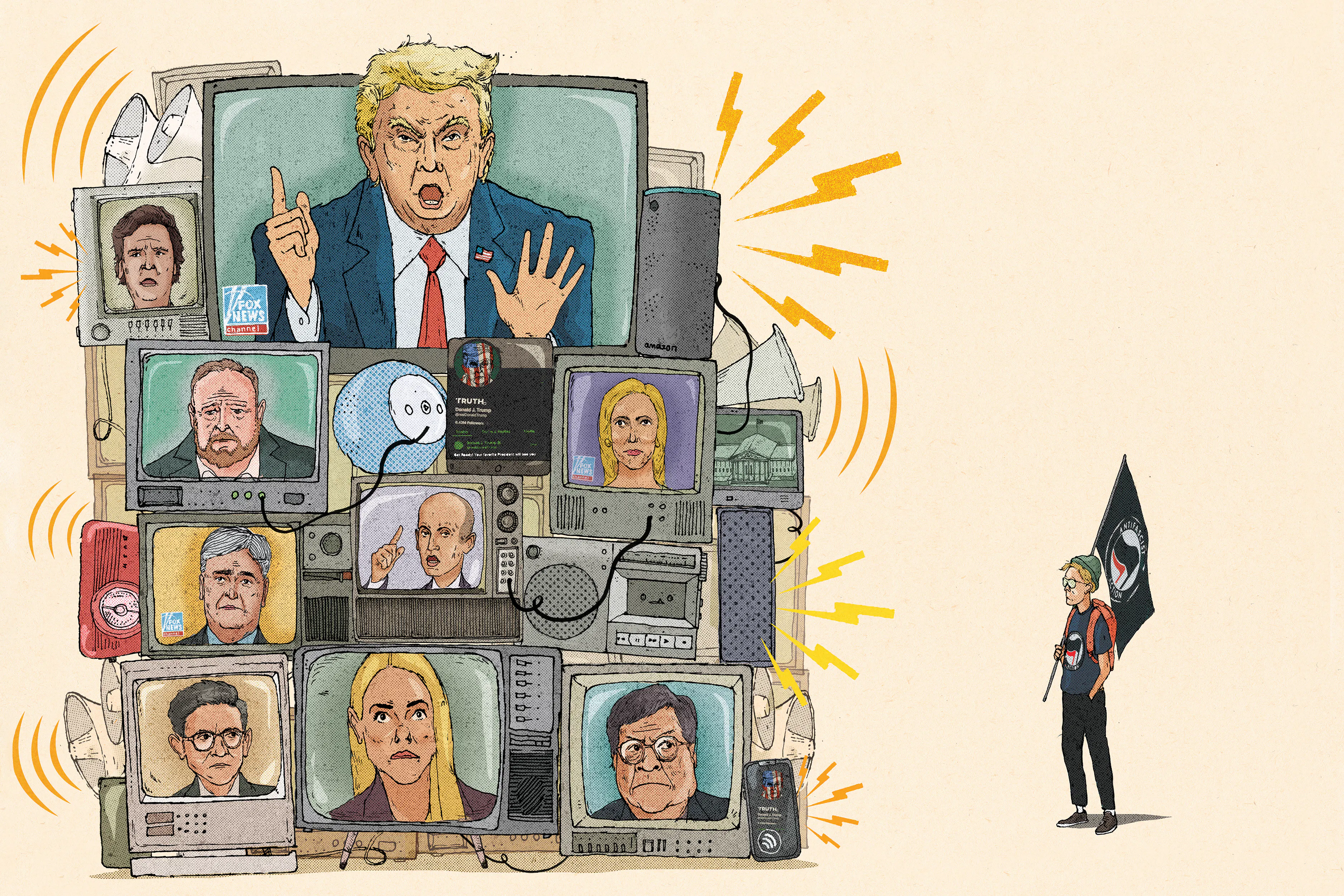 An illustration depicts the disconnect between the shrill, alarmist warnings about Antifa compared to the actual, minimal threat.