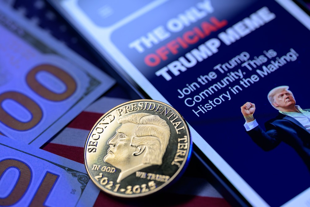 This photo illustration shows the representation of the $Trump meme coin in Brussels, Belgium.