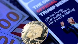 This photo illustration shows the representation of the $Trump meme coin in Brussels, Belgium.