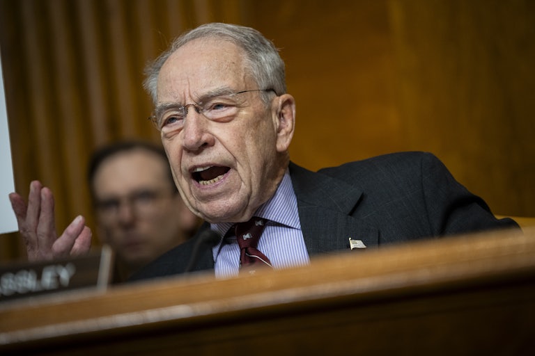 Senator Chuck Grassley gestures while speaking during a Senate Budget Committee hearing
