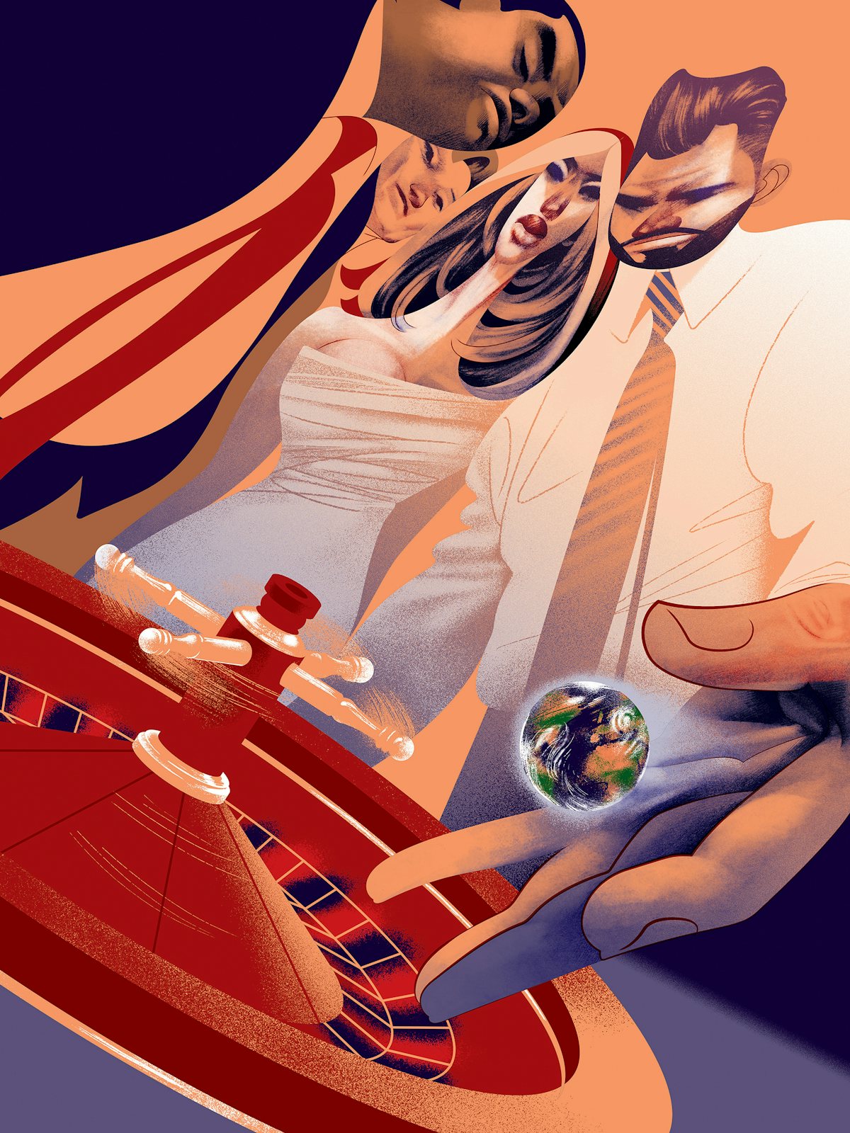 Illustration of a roulette wheel and casino patrons looming over one of their hands holding the Earth, symbolizing a dice and gamblings growing influence spreading from sports into the broader world and news media.