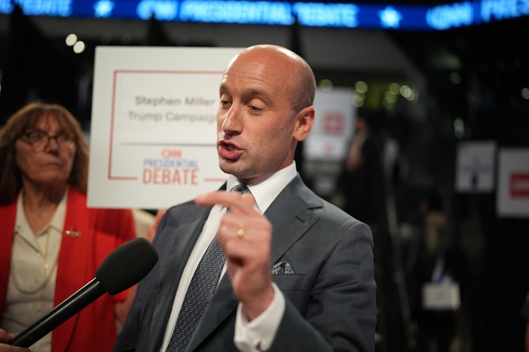 Stephen Miller speaks in the spin room following the Biden-Trump debate