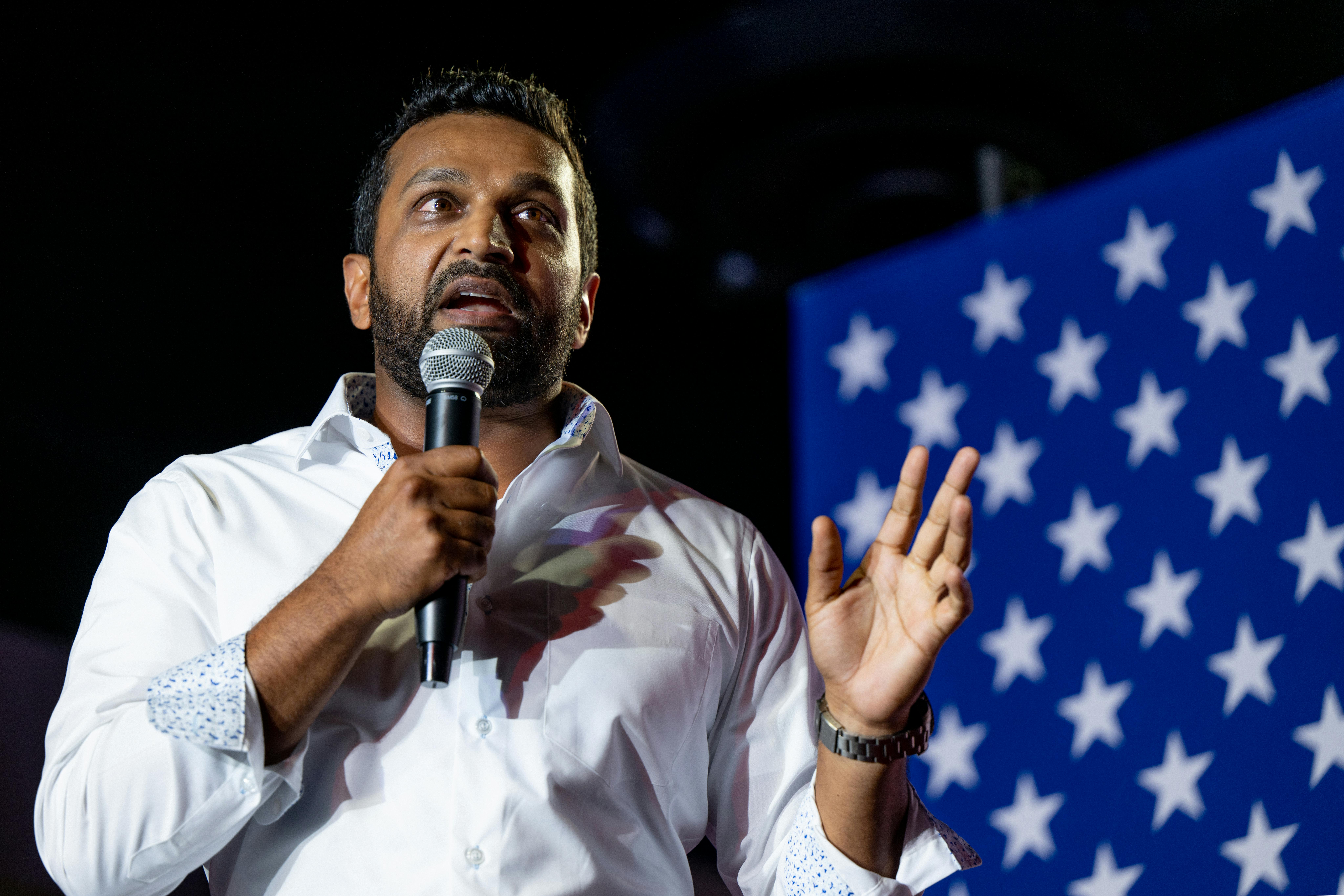 Kash Patel, a former chief of staff to then-acting Secretary of Defense Christopher Miller, speaks during a campaign event for Republican election candidates in Tucson, Arizona. 
