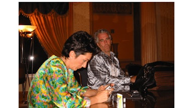 Ghislaine Maxwell and Jeffrey Epstein are seen outside No 10 Downing Street in a photo.