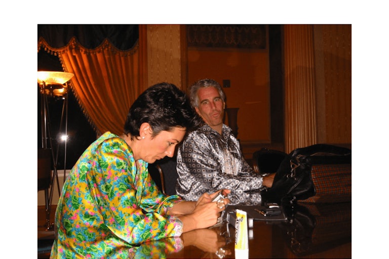 Ghislaine Maxwell and Jeffrey Epstein are seen outside No 10 Downing Street in a photo.