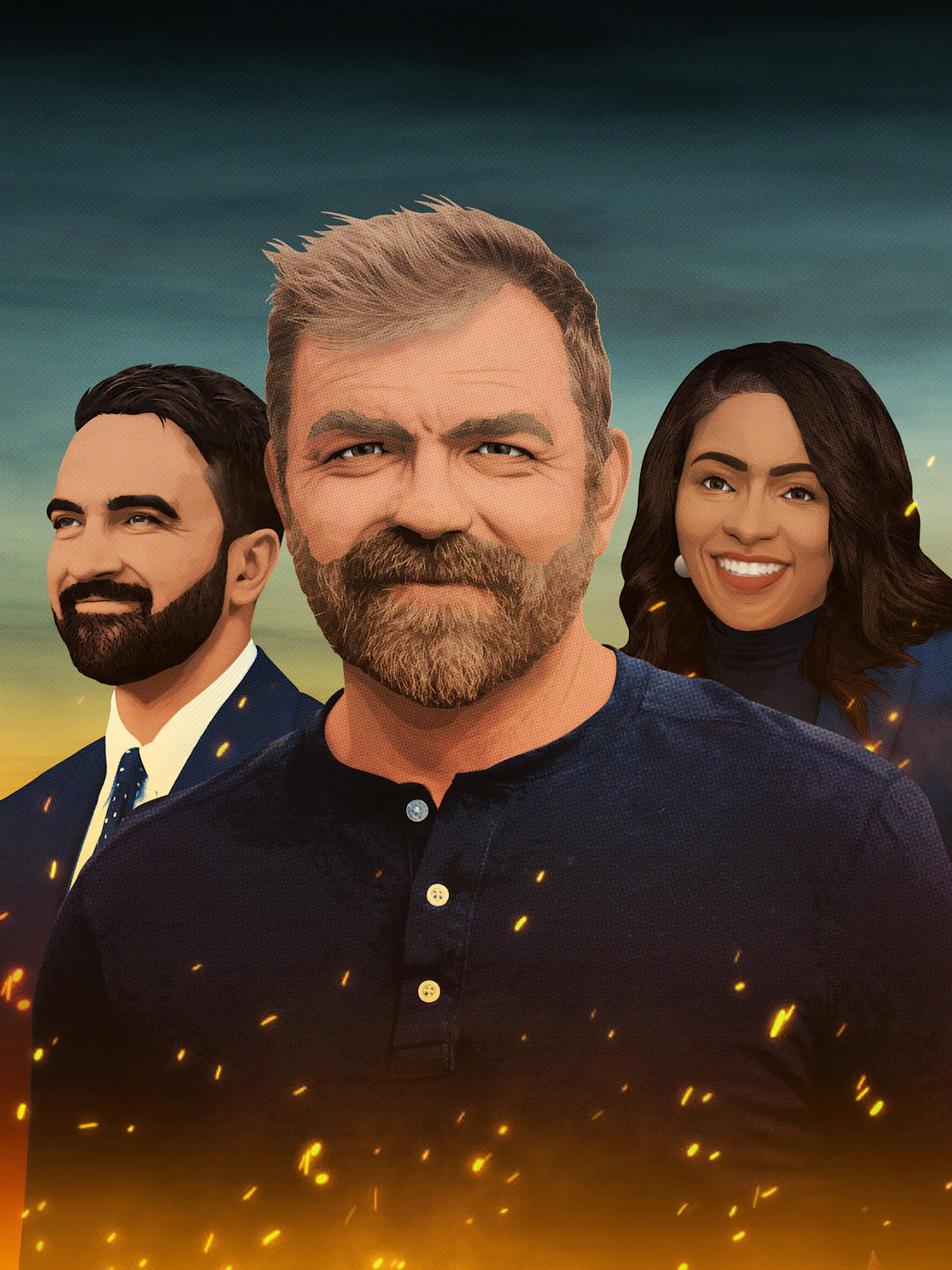 Illustration with images of Zohran Mamdani on the left, Graham Platner in the center, and Jasmine Crockett on the right