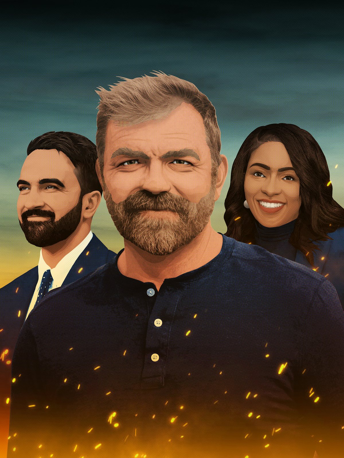 Illustration with images of Zohran Mamdani on the left, Graham Platner in the center, and Jasmine Crockett on the right