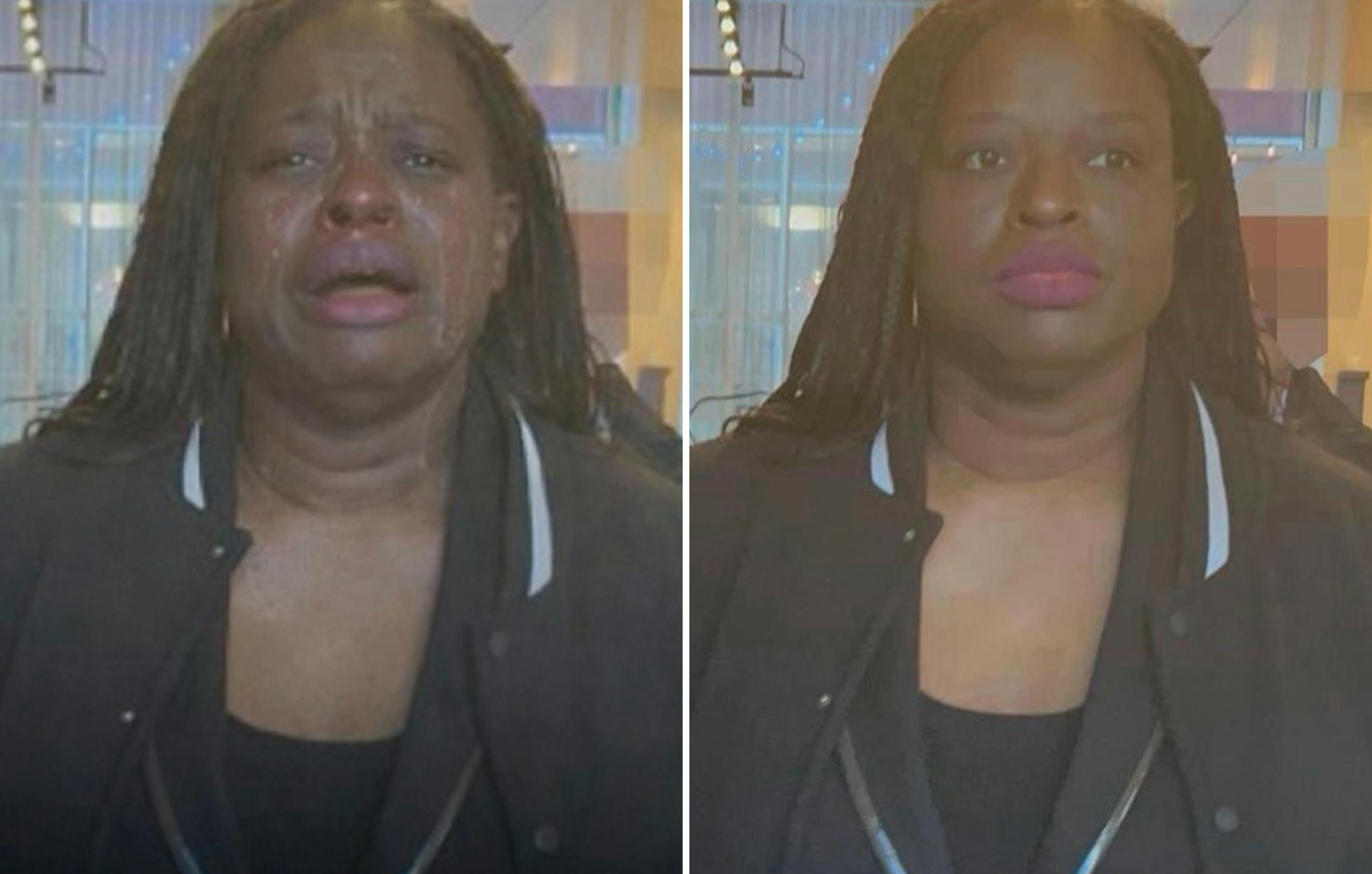 A screenshot of the AI-altered image of Nekima Levy-Armstrong’s arrest that the White House posted on X, and a screenshot of the original photo