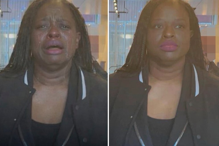 A screenshot of the AI-altered image of Nekima Levy-Armstrong’s arrest that the White House posted on X, and a screenshot of the original photo