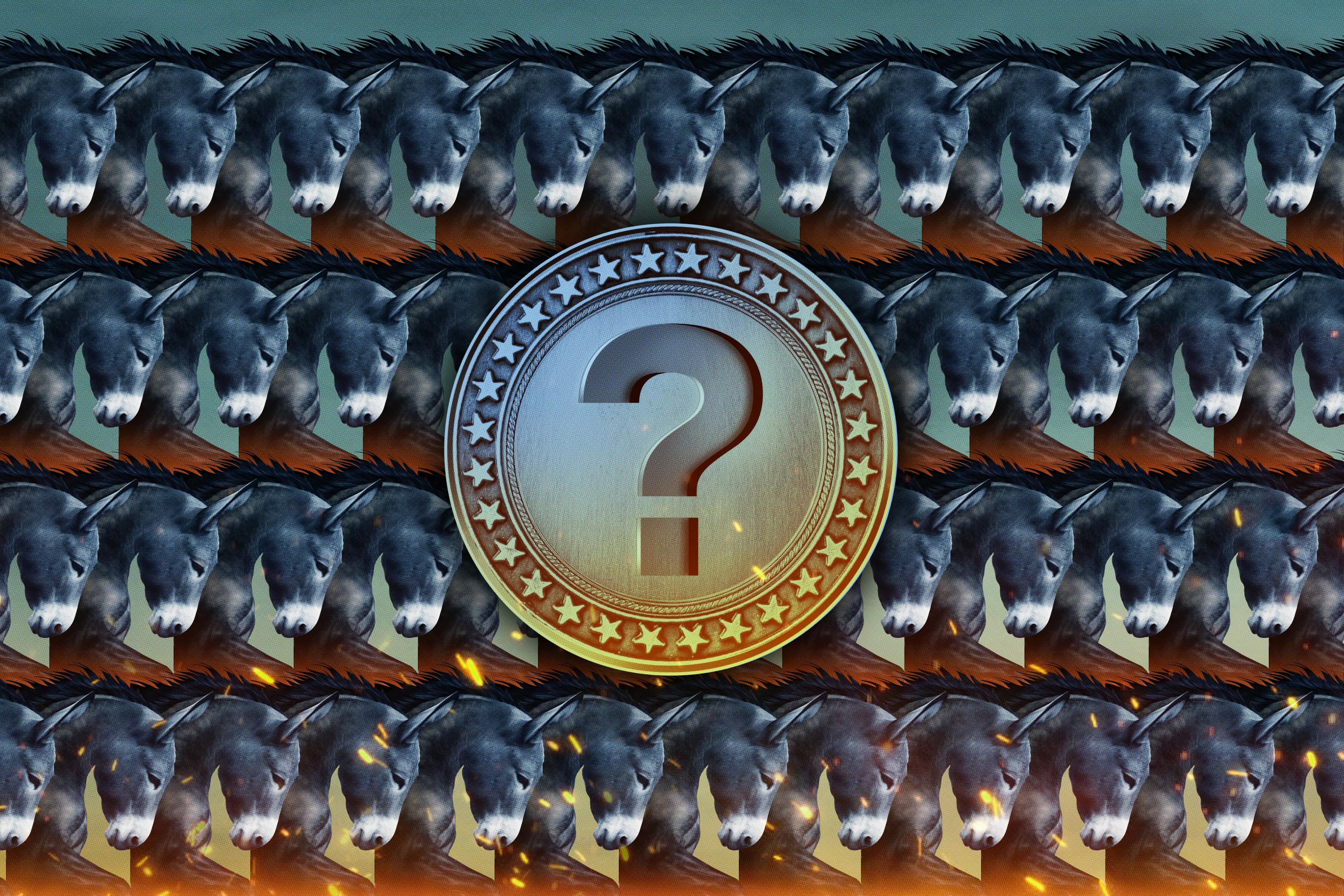 An illustration of a repeating pattern of donkey heads with a question mark medallion in the center.