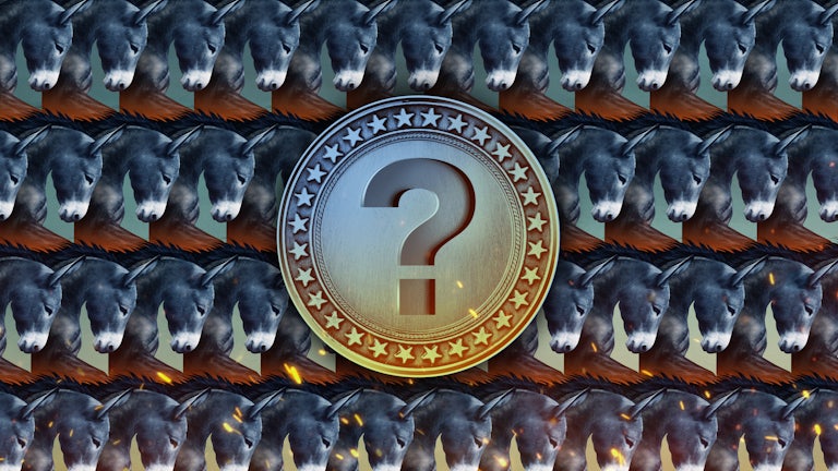 An illustration of a repeating pattern of donkey heads with a question mark medallion in the center.