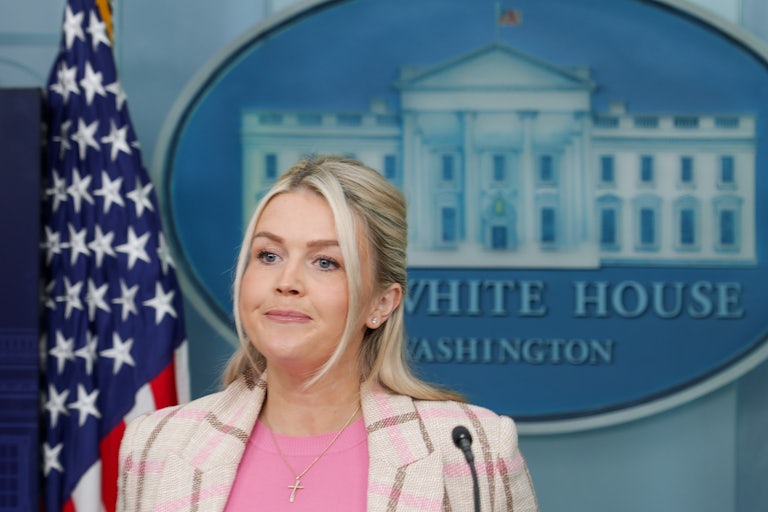 White House press secretary Karoline Leavitt presses her lips together while standing during a press briefing