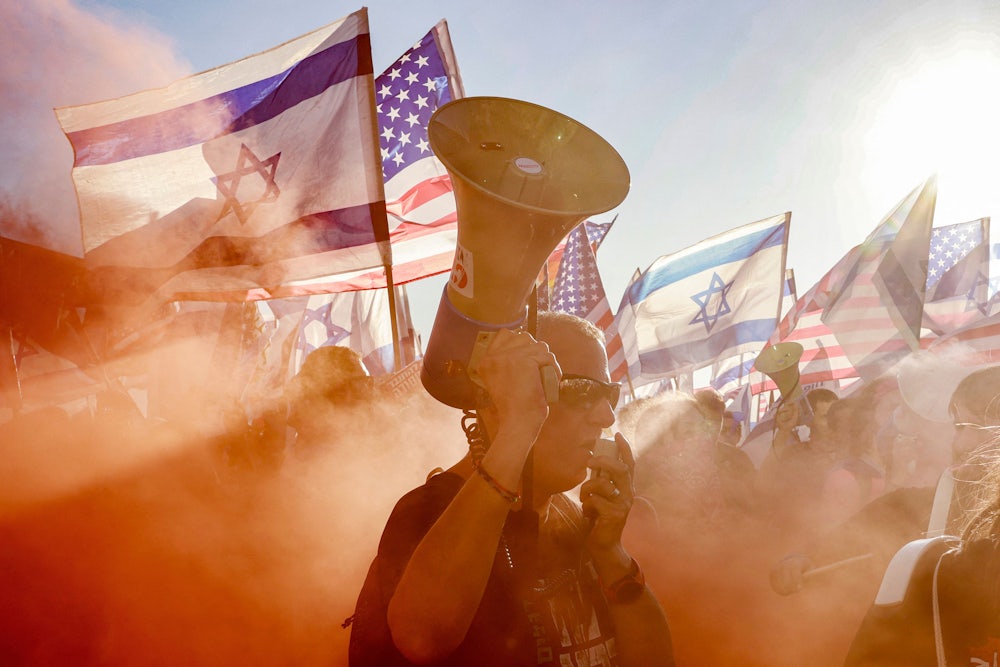 A protest against the Israeli government’s judicial overhaul bill outside the U.S. embassy in Tel Aviv