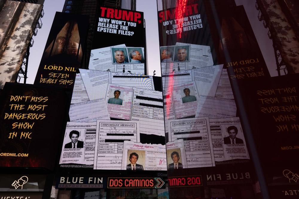 A billboard in Times Square calls for the release of the Epstein files on July 23, 2025 in New York City.