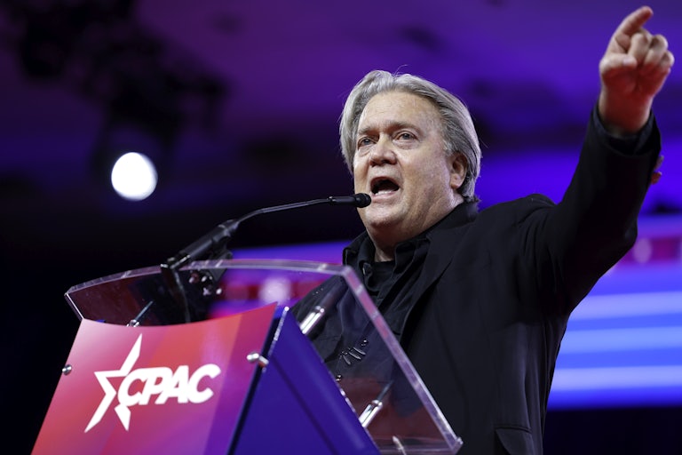 Steve Bannon speaking animatedly at CPAC