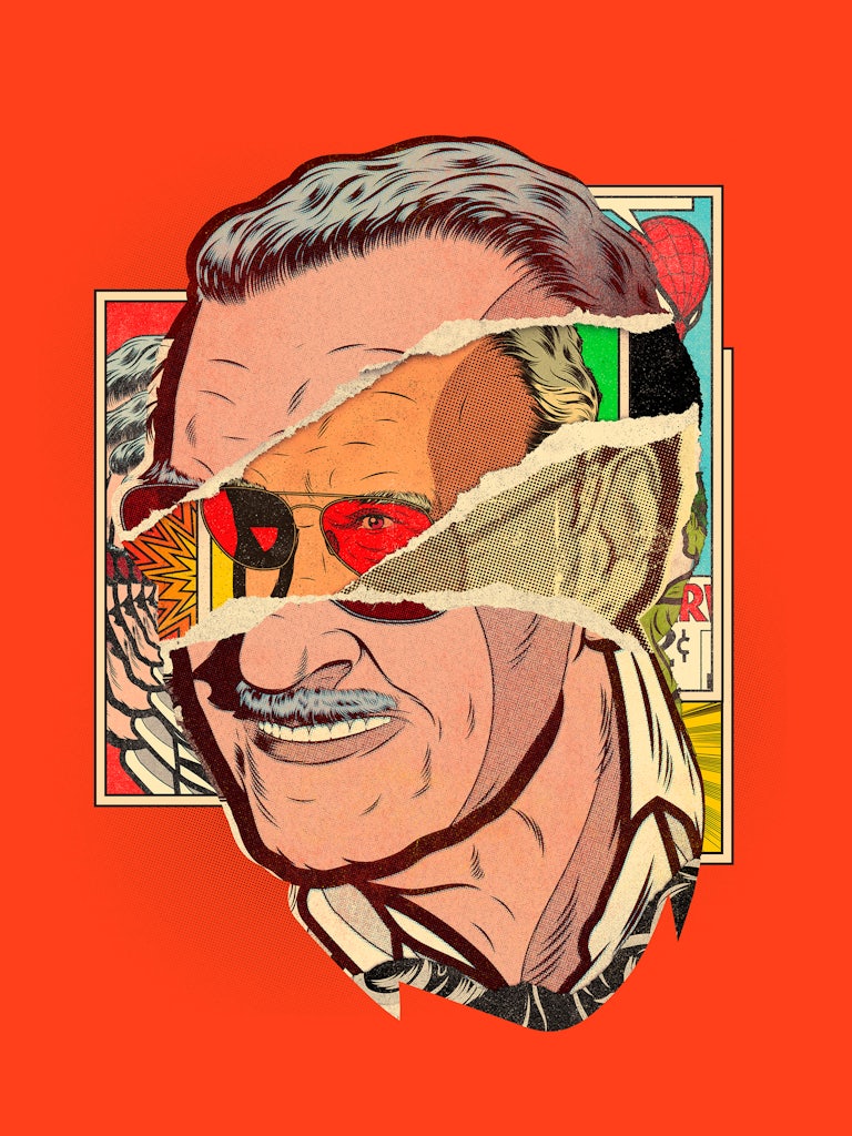An illustration of Stan Lee composed of a collage of comics