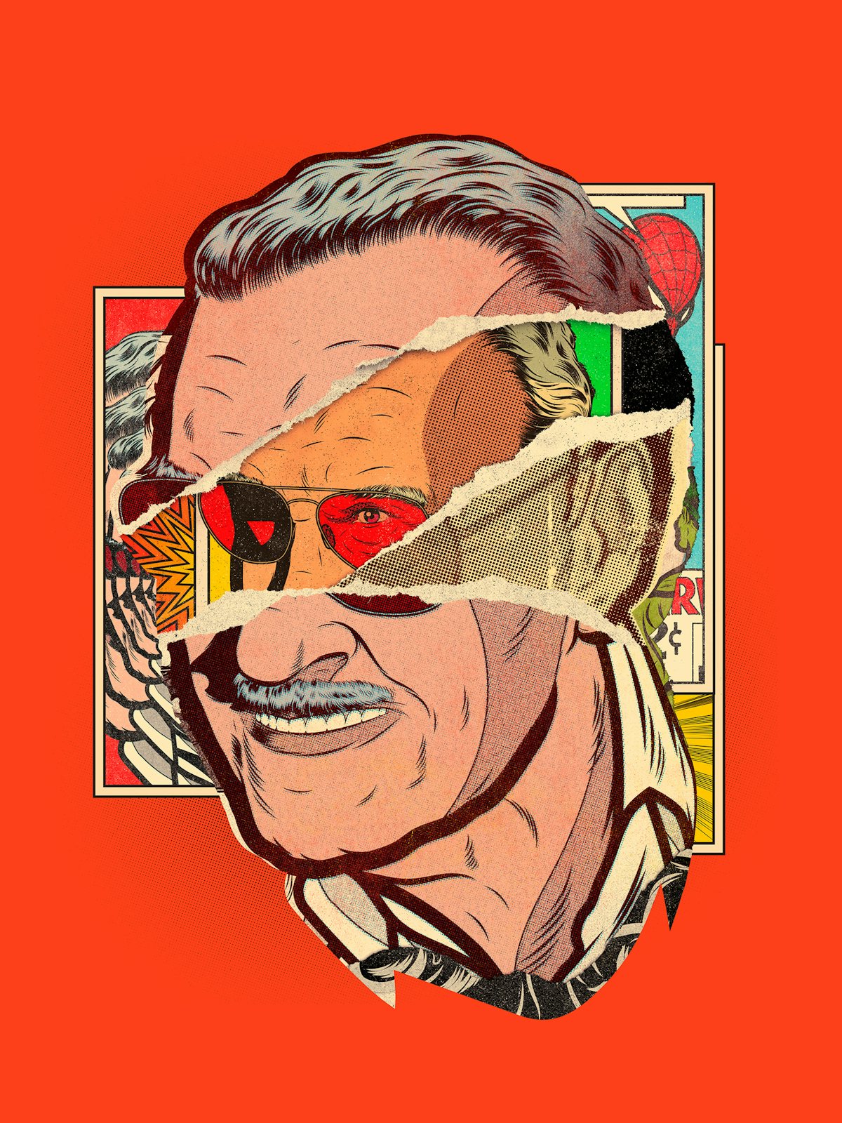 An illustration of Stan Lee composed of a collage of comics