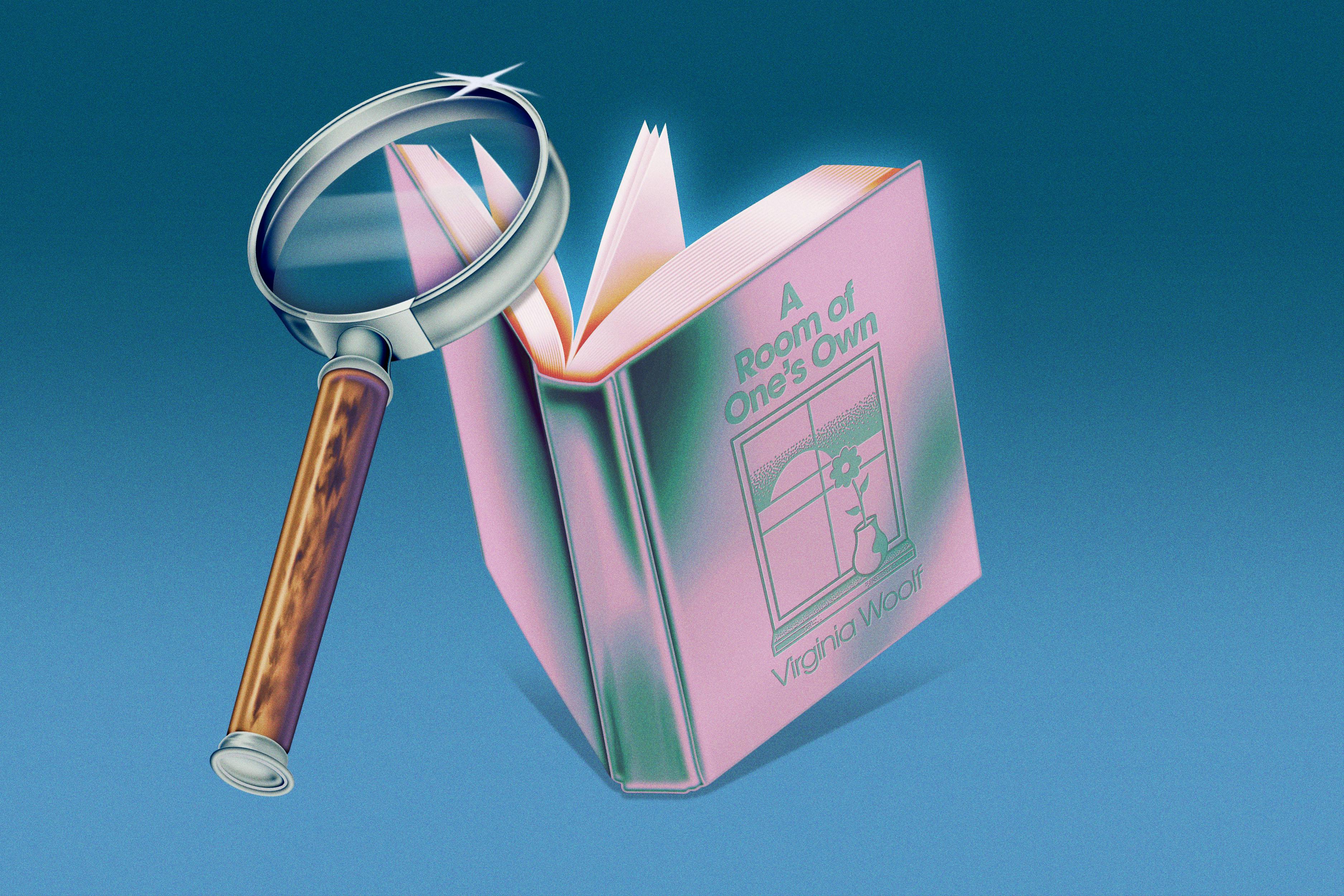 Illustration of the book A Room of One's Own by Virginia Woolf with a magn