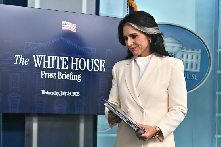 Director of National Intelligence Tulsi Gabbard walks away from the podium in the White House press briefing room