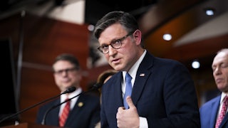 House Speaker Mike Johnson speaks in the Capitol