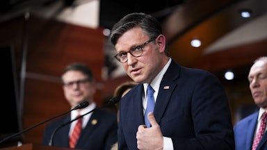 House Speaker Mike Johnson speaks in the Capitol