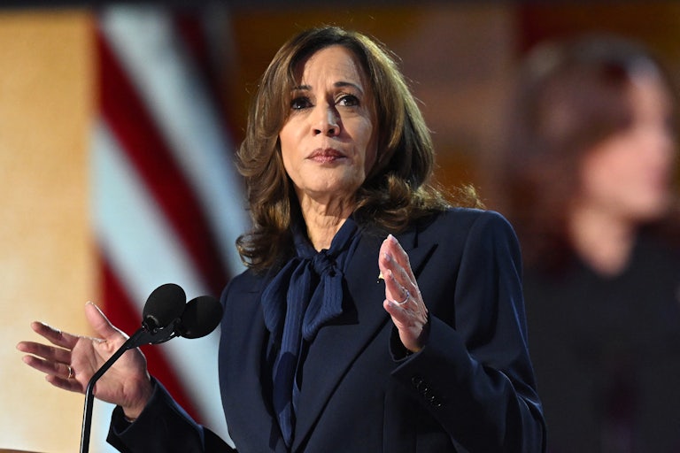 Kamala Harris speaks at a lectern