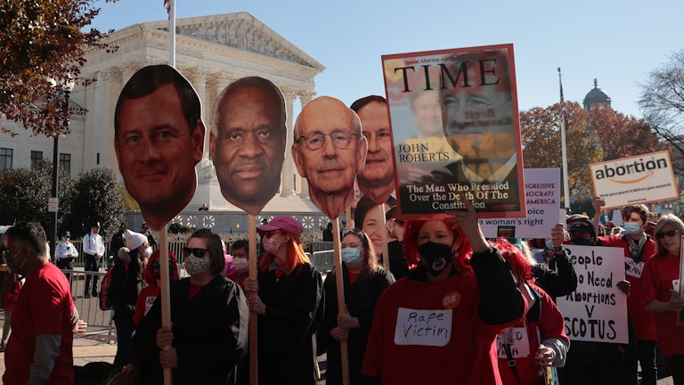 Demonstrators carry large cut-outs of the heads of the Supreme Court's justices during a protest.