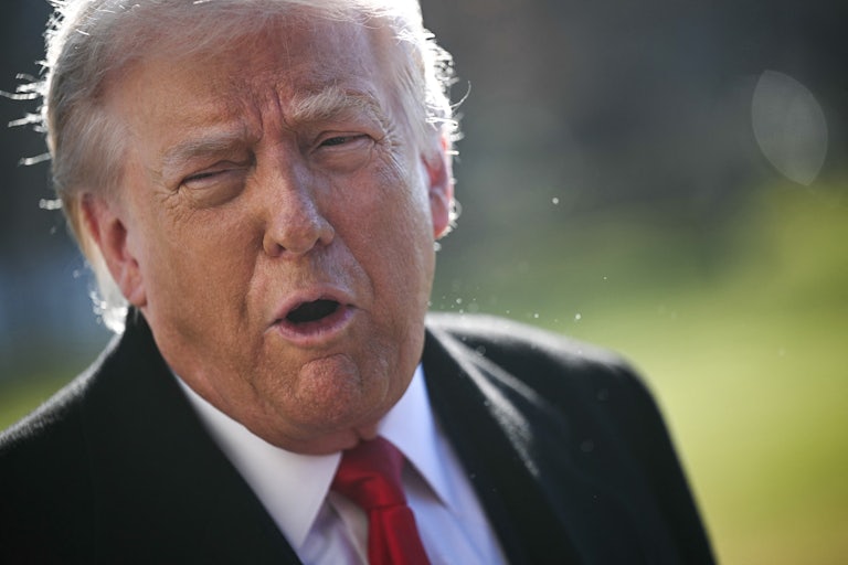 Donald Trump speaks while standing outside the White House