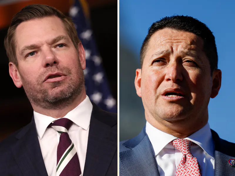 Splitscreen of Representatives Eric Swalwell and Tony Gonzales