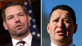 Splitscreen of Representatives Eric Swalwell and Tony Gonzales