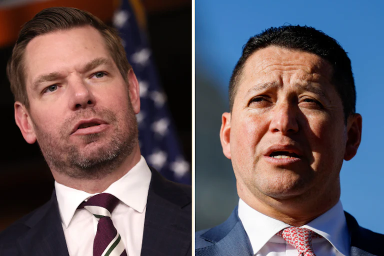 Splitscreen of Representatives Eric Swalwell and Tony Gonzales