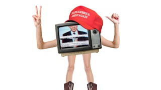 Illustration of a figure with a TV for a head wearing a MAGA cap