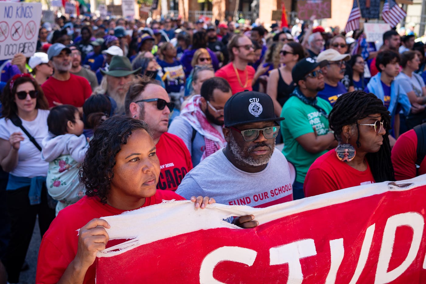 People participate in the Labor Day Workers Over Billionaires rally, in solidarity with labor unions and advocacy groups, on September 1, 2025 in Chicago, Illinois