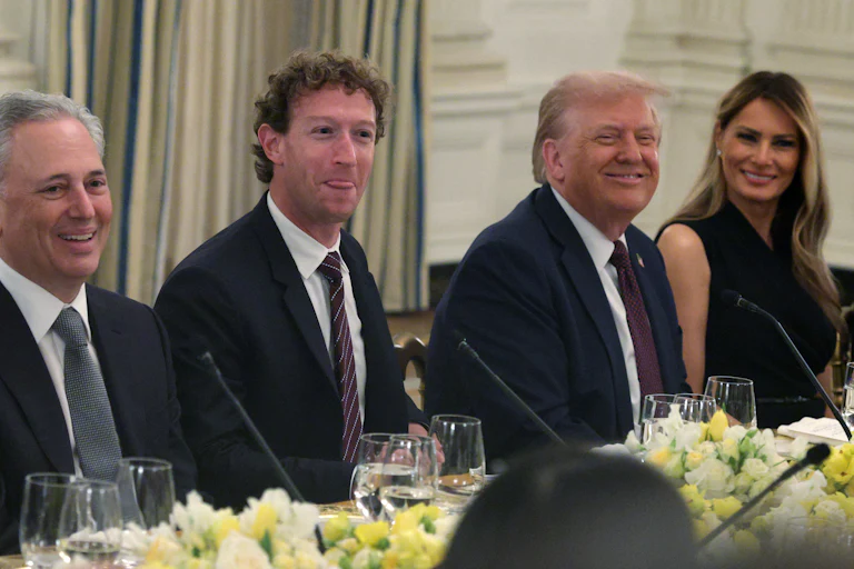 White House “AI and Crypto Czar” David Sacks, Meta CEO Mark Zuckerberg, U.S. President Donald Trump, and First Lady Melania Trump sit side by side at a table.
