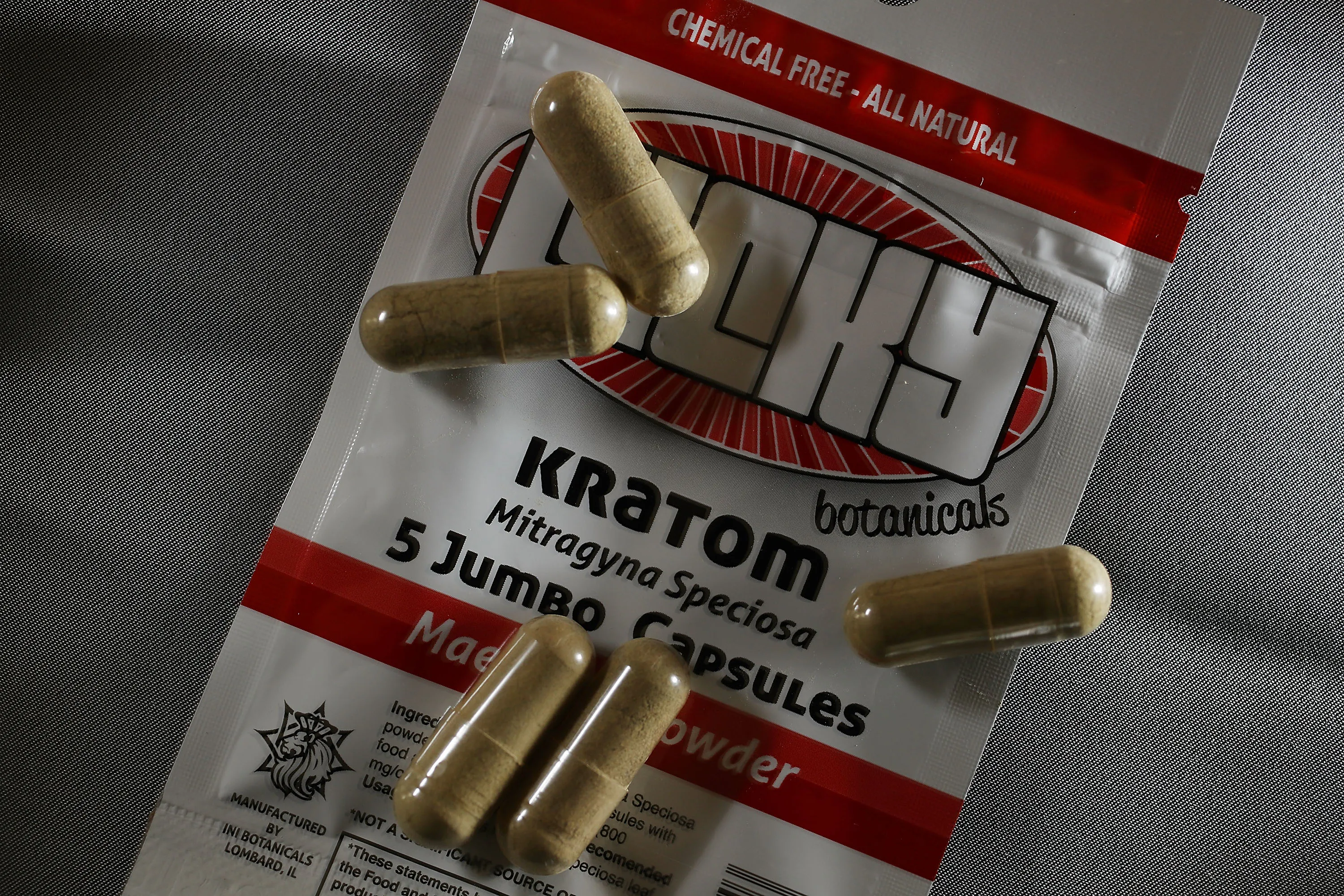 Capsules of the herbal supplement Kratom in Miami, Florida. The herbal supplement is a psychoactive drug derived from the leaves of the kratom plant and it’s been reported that people are using the supplement to get high and some states are banning the supplement. 