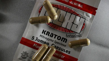 Capsules of the herbal supplement Kratom in Miami, Florida. The herbal supplement is a psychoactive drug derived from the leaves of the kratom plant and it’s been reported that people are using the supplement to get high and some states are banning the supplement.