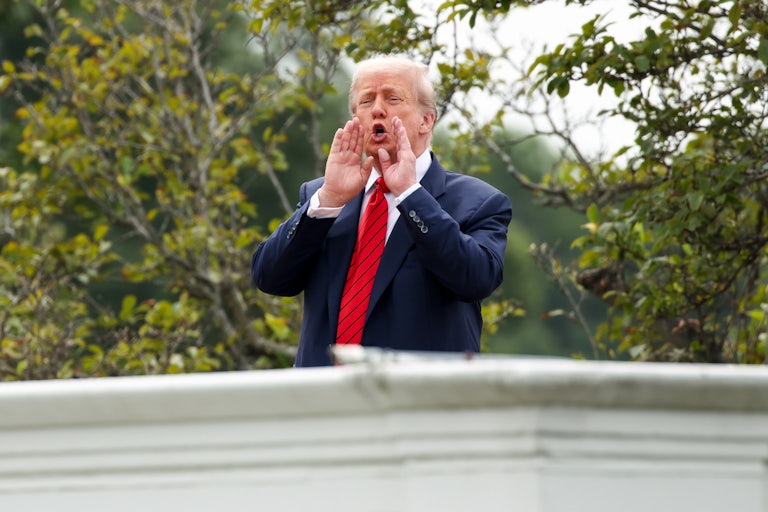 Donald Trump yells from the White House roof, cupping his hands around his mouth.